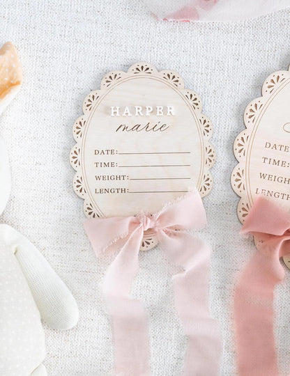 Personalized Baby Name Announcement Sign with Bow – Wooden Birth Stat Plaque for Newborn, Hospital Announcement Board with Ribbon, Baby Girl Nursery Decor, Newborn Keepsake Gift