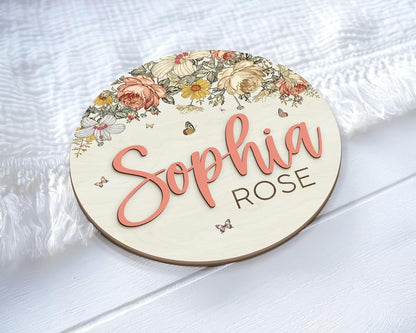 Floral Baby Name Sign – Personalized Wooden Birth Announcement Plaque, Newborn Photo Prop, Baby Name Reveal Sign, Boho Nursery Decor, BabyShower Gift (BBW6)