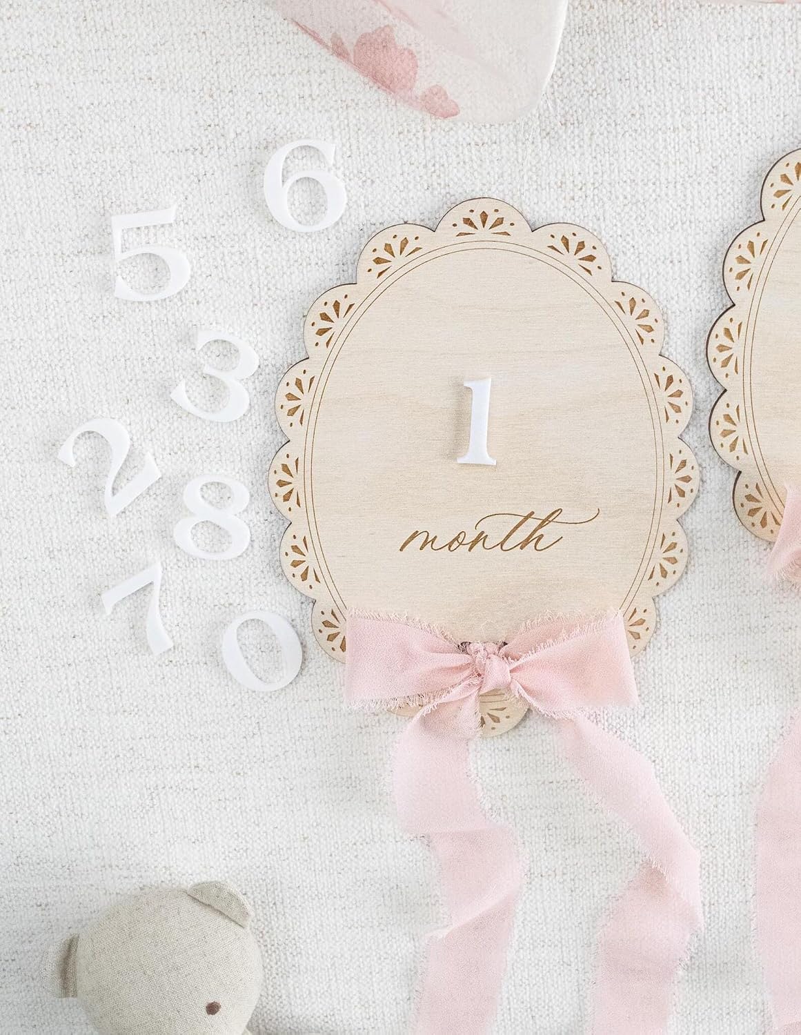 Personalized Baby Girl Monthly Milestone Cards – Wooden Name Announcement Plaque with Ribbon Bow, Newborn Photo Prop, Baby Gift Keepsake