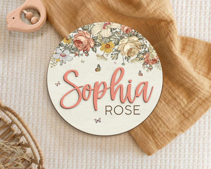 Floral Baby Name Sign – Personalized Wooden Birth Announcement Plaque, Newborn Photo Prop, Baby Name Reveal Sign, Boho Nursery Decor, BabyShower Gift (BBW6)