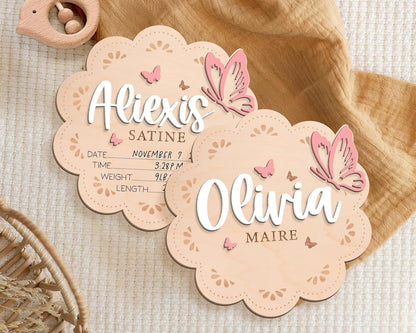 Butterfly Baby Name Sign – Personalized Wooden Birth Announcement Plaque, Custom Baby Name Reveal Sign for Hospital, BabyShower Gift, Newborn Keepsake Nursery Decor (BBW5)