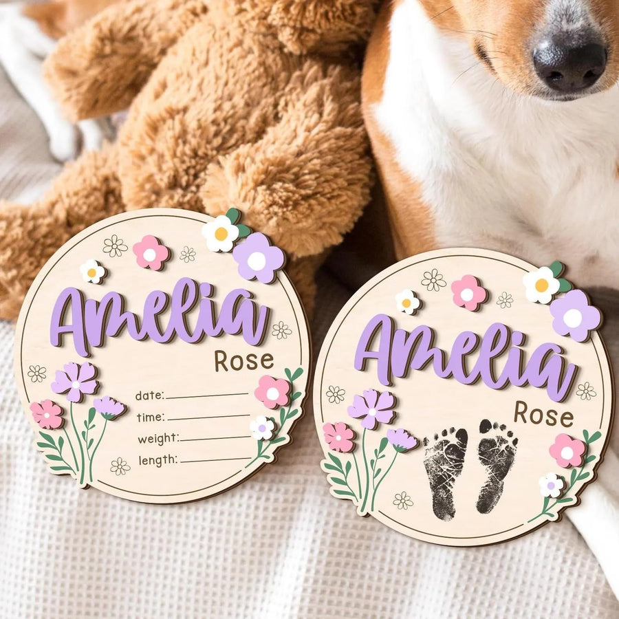 Personalized Wildflower Baby Announcement Sign – Custom Wooden Newborn Name Plaque, Floral Birth Details Board, Rustic Nursery Decor, Baby Reveal Prop, Newborn Gift for Girls & Boys (BBW9)