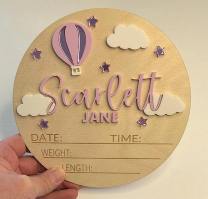 Personalized Hot Air Balloon Baby Announcement Sign – Custom Wooden Birth Details Plaque, Newborn Name Reveal Prop, Nursery Wall Decor, BabyShower Gift for Girls, Keepsake Photo Prop (BBW28)