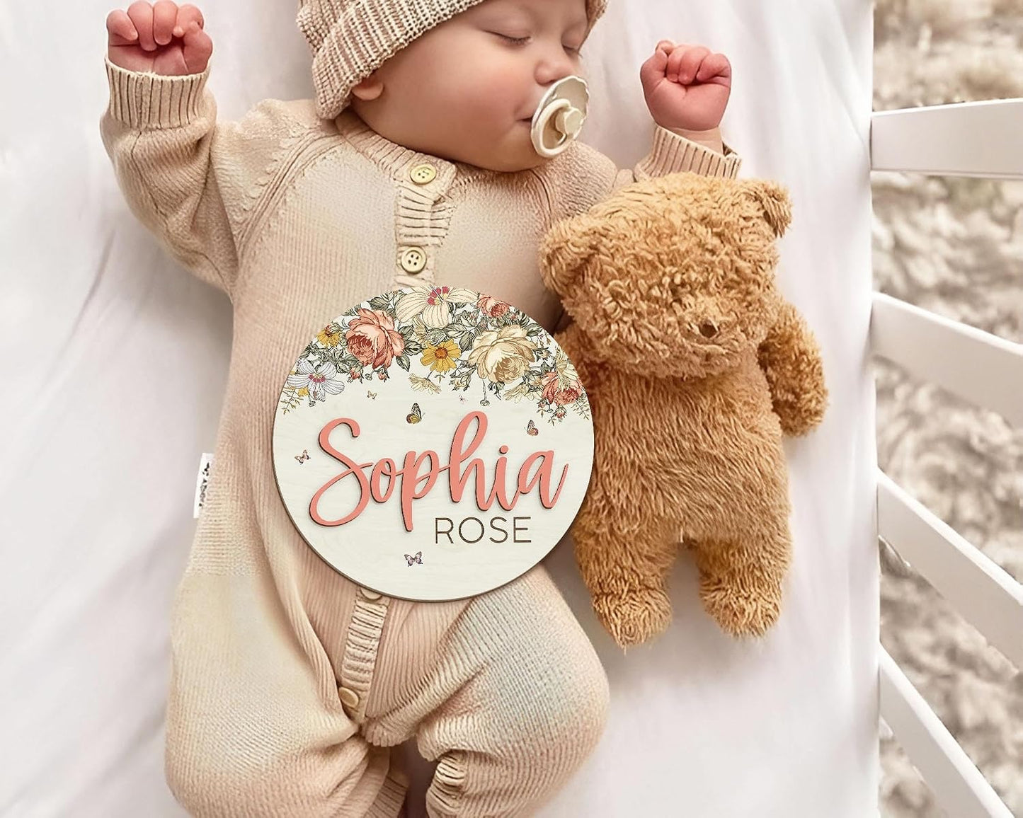 Floral Baby Name Sign – Personalized Wooden Birth Announcement Plaque, Newborn Photo Prop, Baby Name Reveal Sign, Boho Nursery Decor, BabyShower Gift (BBW6)