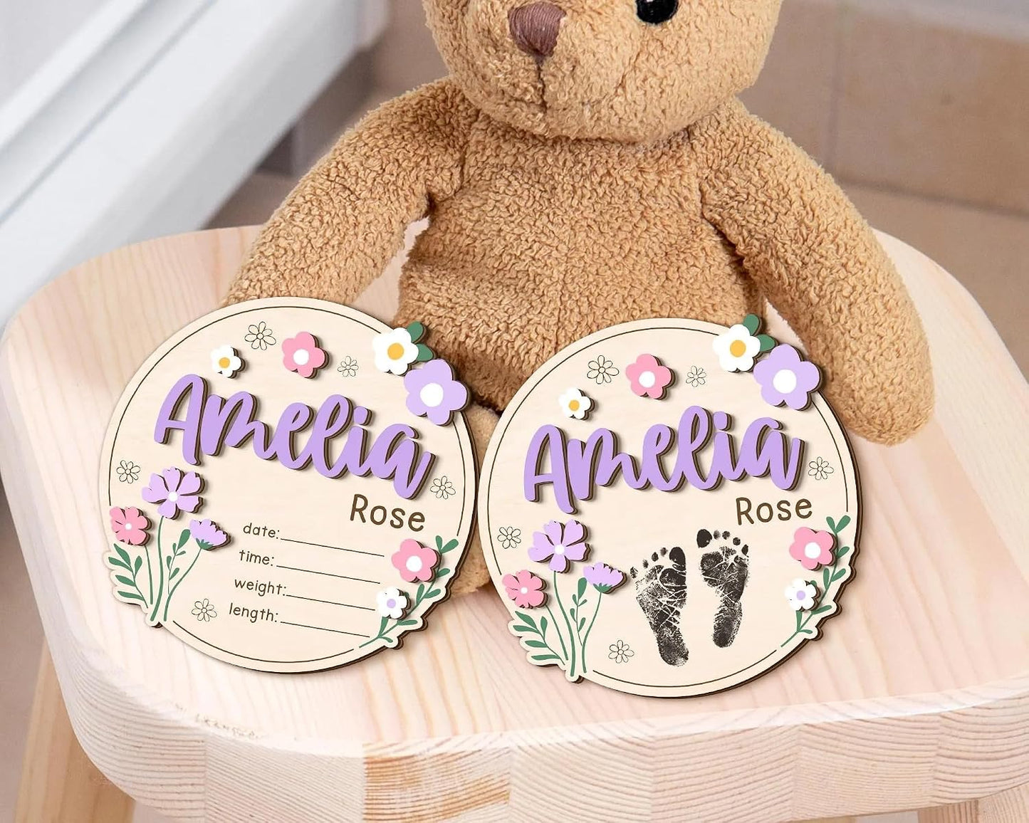 Personalized Wildflower Baby Announcement Sign – Custom Wooden Newborn Name Plaque, Floral Birth Details Board, Rustic Nursery Decor, Baby Reveal Prop, Newborn Gift for Girls & Boys (BBW9)