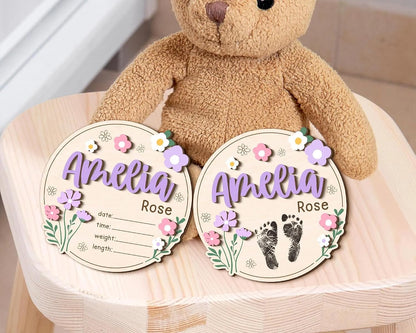 Personalized Wildflower Baby Announcement Sign – Custom Wooden Newborn Name Plaque, Floral Birth Details Board, Rustic Nursery Decor, Baby Reveal Prop, Newborn Gift for Girls & Boys (BBW9)