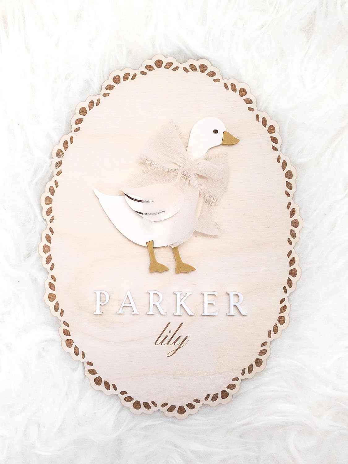 Personalized Goose Baby Name Sign – Custom Wooden Birth Announcement Plaque with Bow, Newborn Hospital Name Reveal Prop, Rustic Baby Nursery Decor, Handmade Gift for New Parents (BBW4)