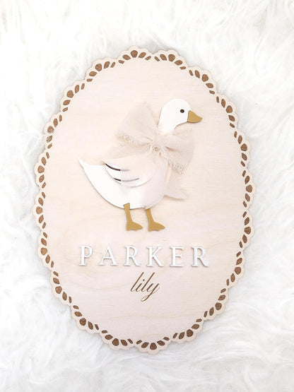 Personalized Goose Baby Name Sign – Custom Wooden Birth Announcement Plaque with Bow, Newborn Hospital Name Reveal Prop, Rustic Baby Nursery Decor, Handmade Gift for New Parents (BBW4)