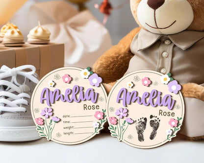 Personalized Wildflower Baby Announcement Sign – Custom Wooden Newborn Name Plaque, Floral Birth Details Board, Rustic Nursery Decor, Baby Reveal Prop, Newborn Gift for Girls & Boys (BBW9)