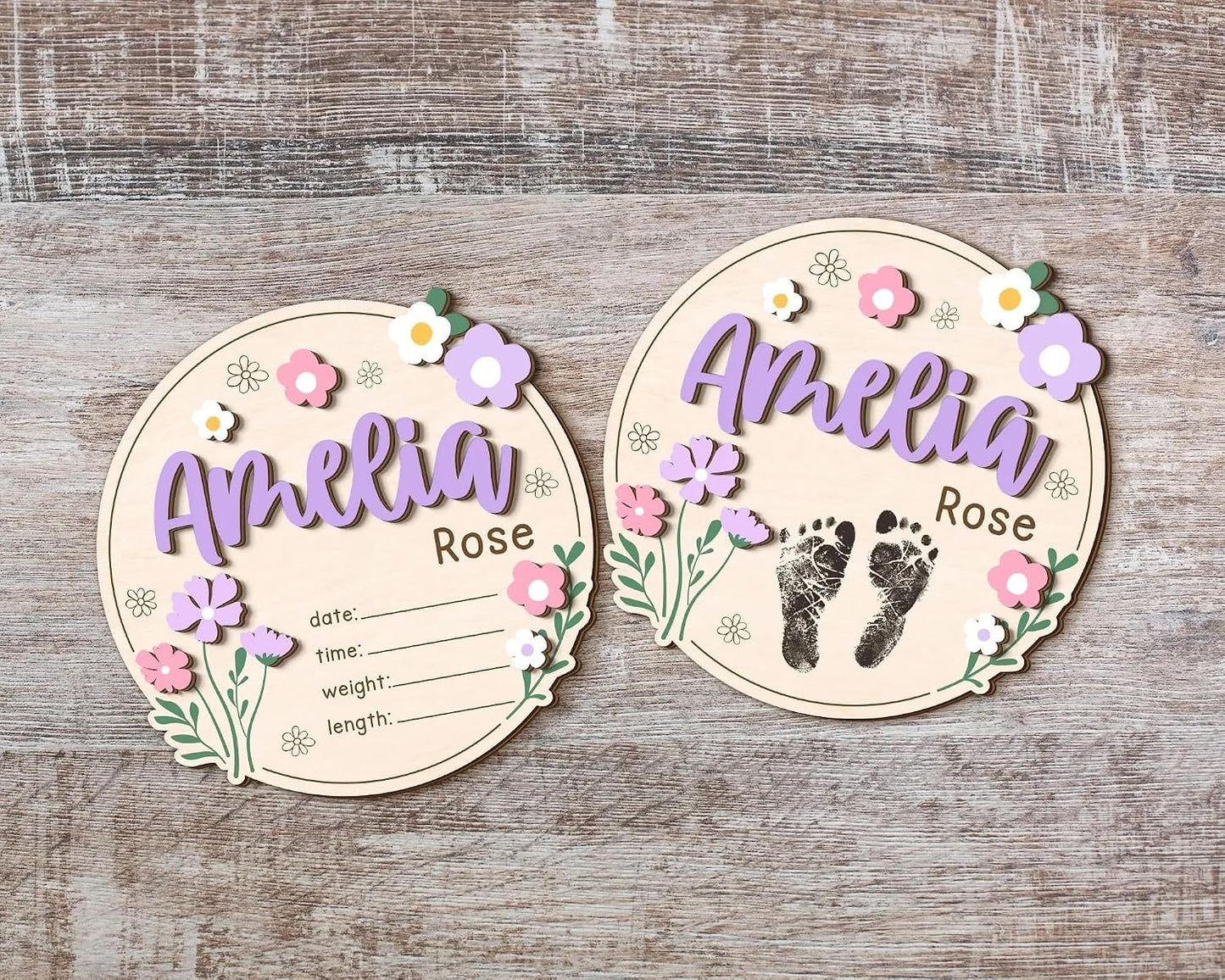 Personalized Wildflower Baby Announcement Sign – Custom Wooden Newborn Name Plaque, Floral Birth Details Board, Rustic Nursery Decor, Baby Reveal Prop, Newborn Gift for Girls & Boys (BBW9)