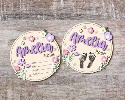 Personalized Wildflower Baby Announcement Sign – Custom Wooden Newborn Name Plaque, Floral Birth Details Board, Rustic Nursery Decor, Baby Reveal Prop, Newborn Gift for Girls & Boys (BBW9)