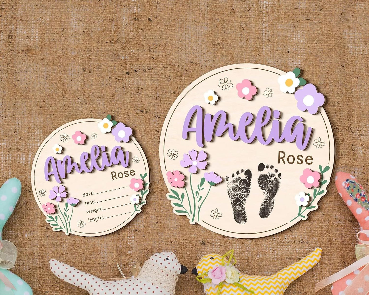 Personalized Wildflower Baby Announcement Sign – Custom Wooden Newborn Name Plaque, Floral Birth Details Board, Rustic Nursery Decor, Baby Reveal Prop, Newborn Gift for Girls & Boys (BBW9)