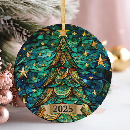 Christmas Tree Ornament 2025, Stained Glass Holiday Decoration, Elegant Keepsake Gift for Family, Coworkers, Friends