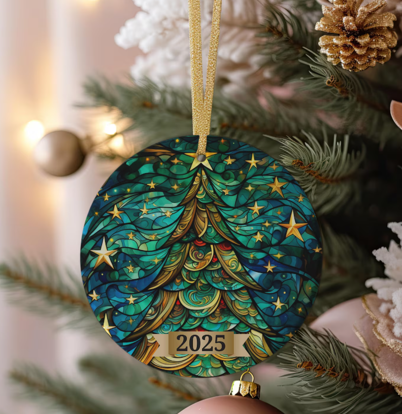 Christmas Tree Ornament 2025, Stained Glass Holiday Decoration, Elegant Keepsake Gift for Family, Coworkers, Friends