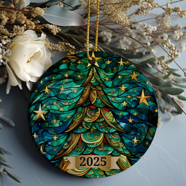 Christmas Tree Ornament 2025, Stained Glass Holiday Decoration, Elegant Keepsake Gift for Family, Coworkers, Friends