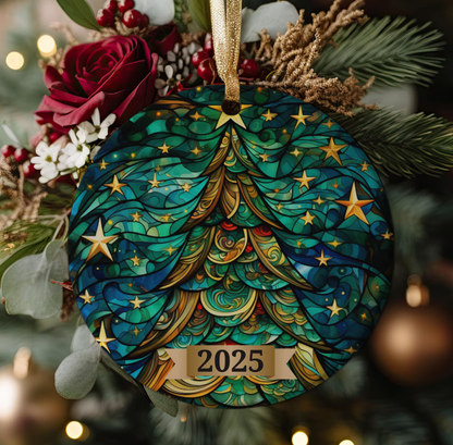 Christmas Tree Ornament 2025, Stained Glass Holiday Decoration, Elegant Keepsake Gift for Family, Coworkers, Friends