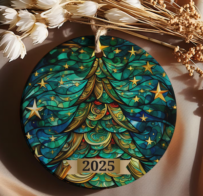 Christmas Tree Ornament 2025, Stained Glass Holiday Decoration, Elegant Keepsake Gift for Family, Coworkers, Friends