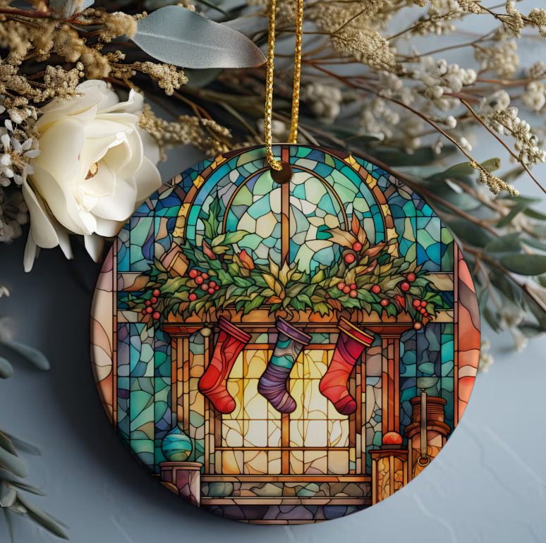 Fireplace Christmas Ornament, Stained Glass Tree Decoration, Holiday Keepsake Gift, 2025 Ornament for Family or Friends