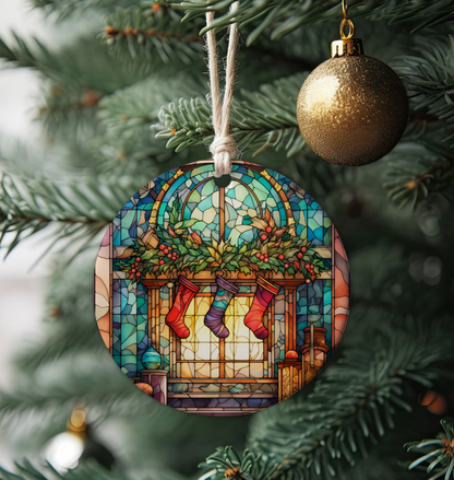 Fireplace Christmas Ornament, Stained Glass Tree Decoration, Holiday Keepsake Gift, 2025 Ornament for Family or Friends