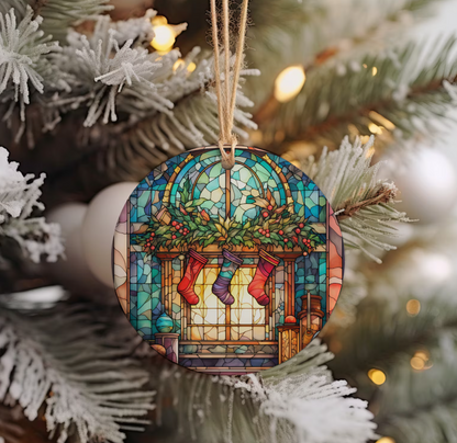 Fireplace Christmas Ornament, Stained Glass Tree Decoration, Holiday Keepsake Gift, 2025 Ornament for Family or Friends