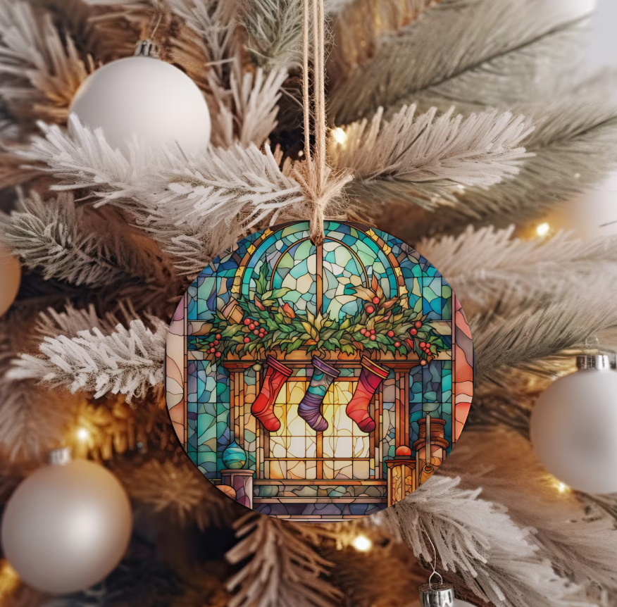 Fireplace Christmas Ornament, Stained Glass Tree Decoration, Holiday Keepsake Gift, 2025 Ornament for Family or Friends