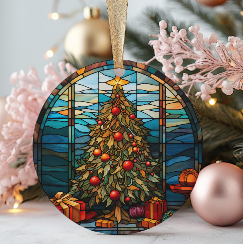 Stained Glass Christmas Ornament, Elegant Tree Decoration with Gifts, Holiday Keepsake for Her, Round Ceramic Ornament, 2025
