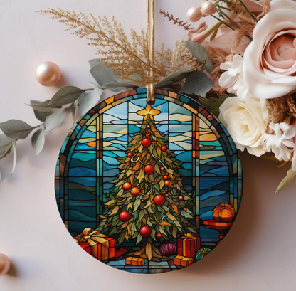 Stained Glass Christmas Ornament, Elegant Tree Decoration with Gifts, Holiday Keepsake for Her, Round Ceramic Ornament, 2025