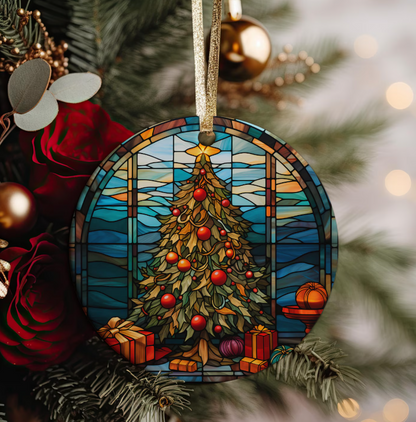Stained Glass Christmas Ornament, Elegant Tree Decoration with Gifts, Holiday Keepsake for Her, Round Ceramic Ornament, 2025