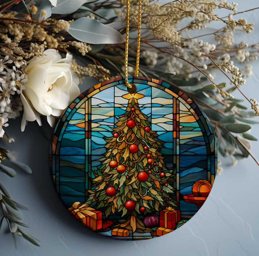Stained Glass Christmas Ornament, Elegant Tree Decoration with Gifts, Holiday Keepsake for Her, Round Ceramic Ornament, 2025