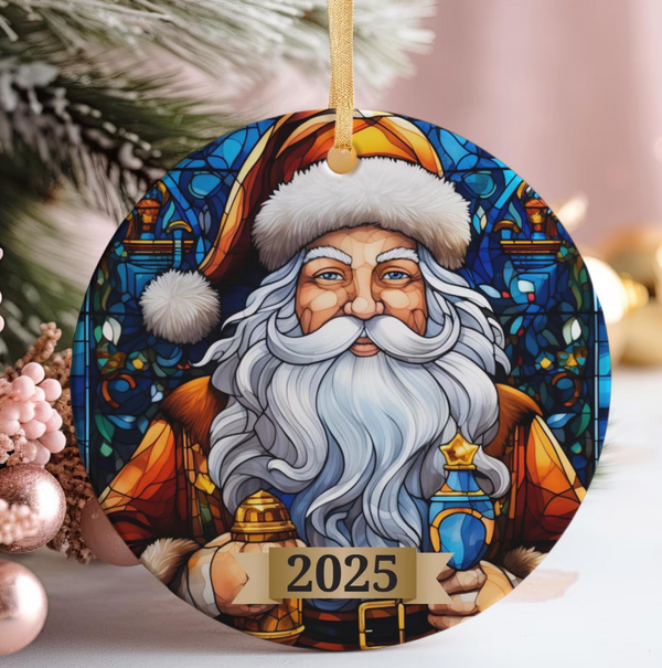 Stained Glass Santa Ornament 2025, Santa Claus Tree Decoration, Vintage Ceramic Holiday Keepsake, Christmas Gift for Family