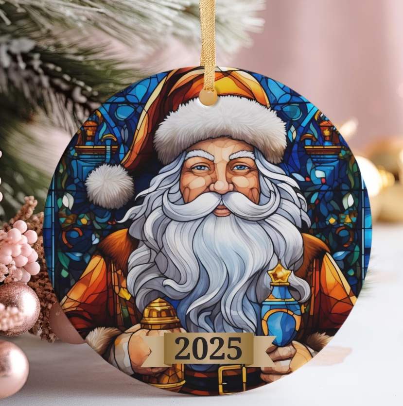 Stained Glass Santa Ornament 2025, Santa Claus Tree Decoration, Vintage Ceramic Holiday Keepsake, Christmas Gift for Family
