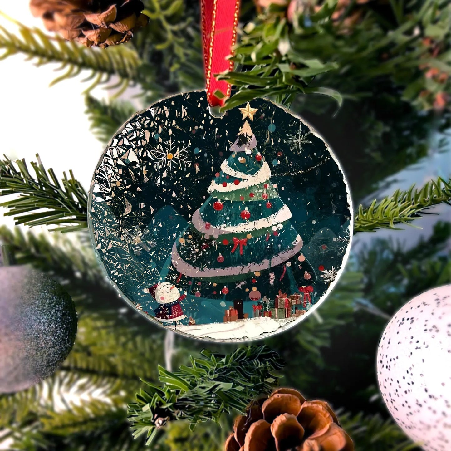 Snowman Christmas Tree Ornament, Christmas Handcrafted Holiday Ornament,Premium Water Ripple Glass,Christmas
