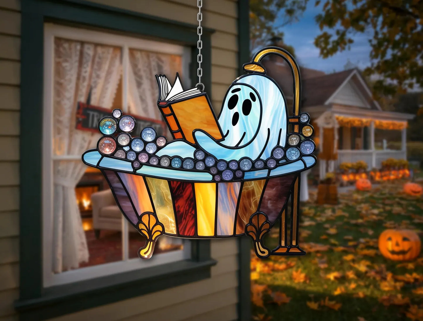 Ghost in Bathtub Reading Stained Glass – Funny Halloween Bathroom Decor – Bookish Gothic Window Suncatcher