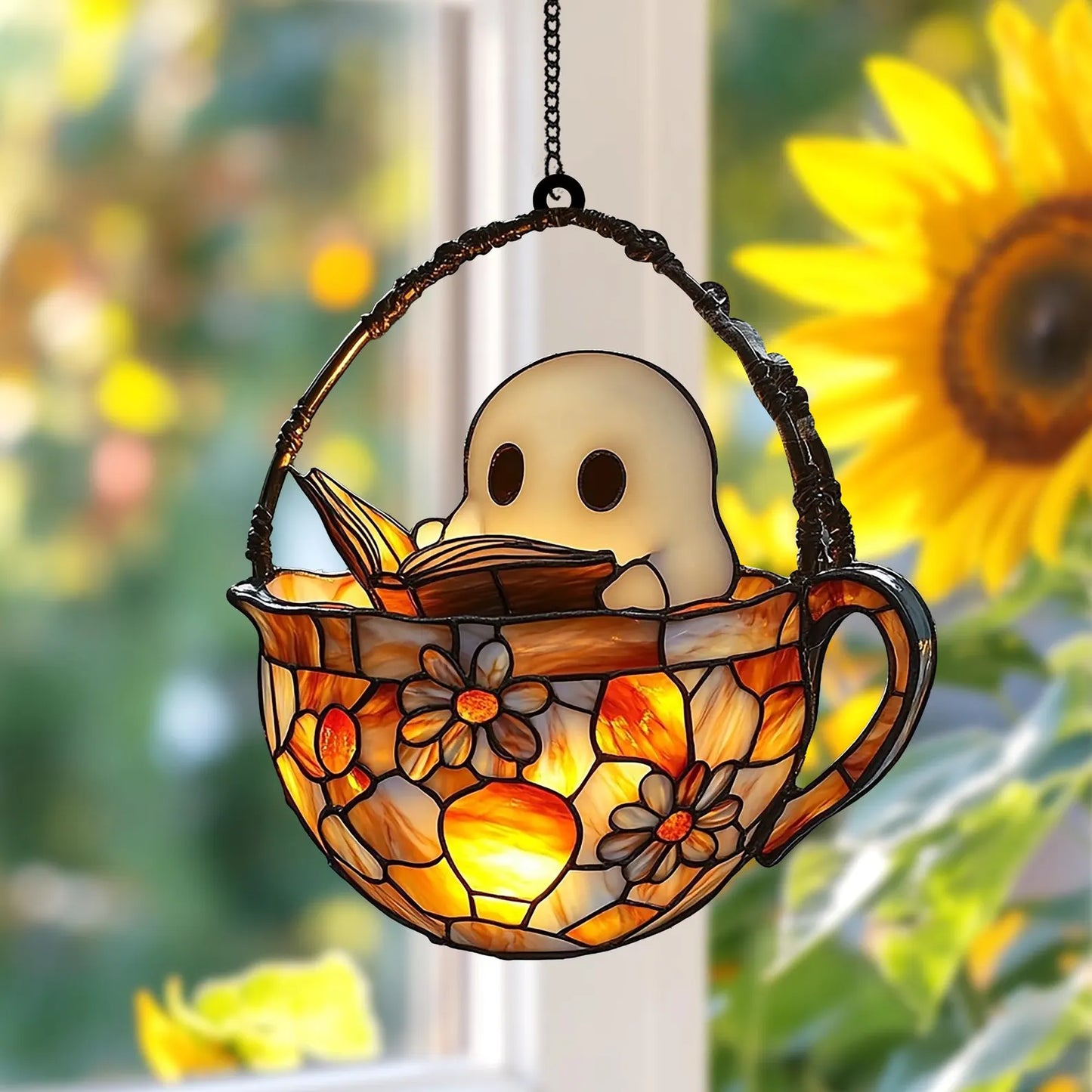 Reading Ghost in Teacup Faux Stained Glass Suncatcher, Acrylic Halloween Window Hanging for Spooky Bathrooms and Book Lovers