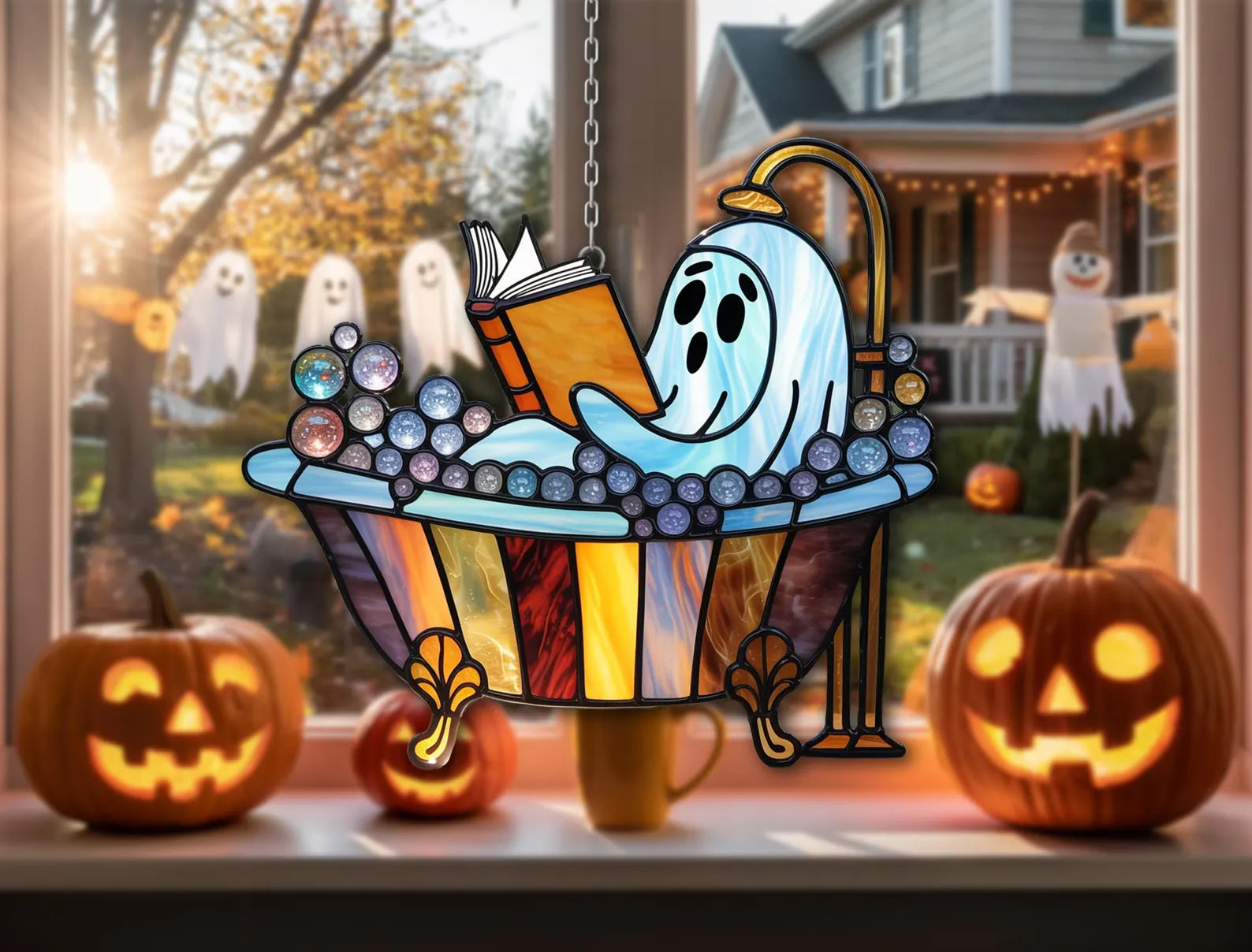 Ghost in Bathtub Reading Stained Glass – Funny Halloween Bathroom Decor – Bookish Gothic Window Suncatcher