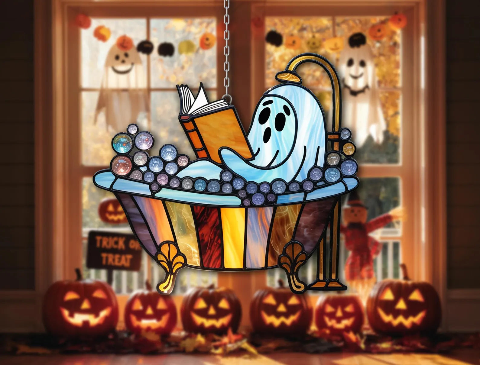 Ghost in Bathtub Reading Stained Glass – Funny Halloween Bathroom Decor – Bookish Gothic Window Suncatcher