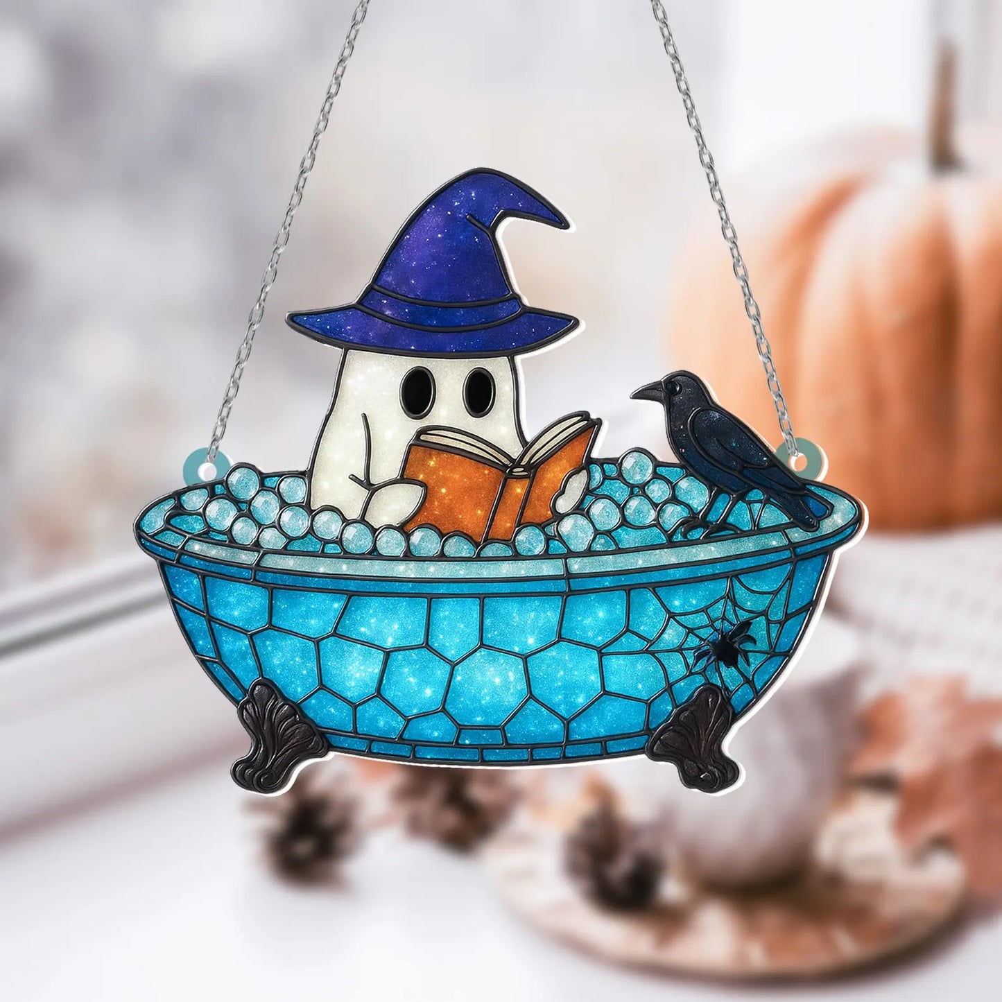 Cute Ghost Reading Book Bathroom Suncatcher, Ghost In Bathtub Acrylic Window Hanging, Spooky Season, Halloween Gift, Book