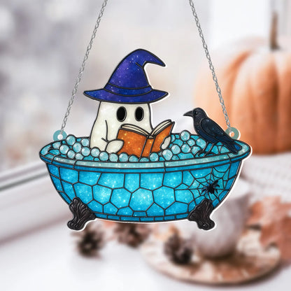 Cute Ghost Reading Book Bathroom Suncatcher, Ghost In Bathtub Acrylic Window Hanging, Spooky Season, Halloween Gift, Book