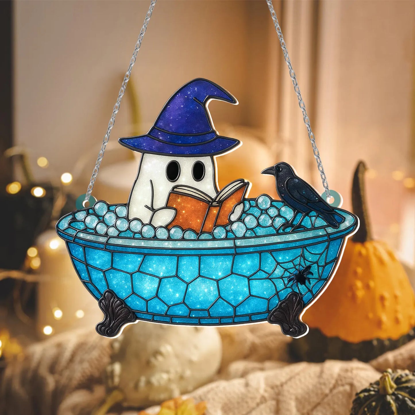 Cute Ghost Reading Book Bathroom Suncatcher, Ghost In Bathtub Acrylic Window Hanging, Spooky Season, Halloween Gift, Book