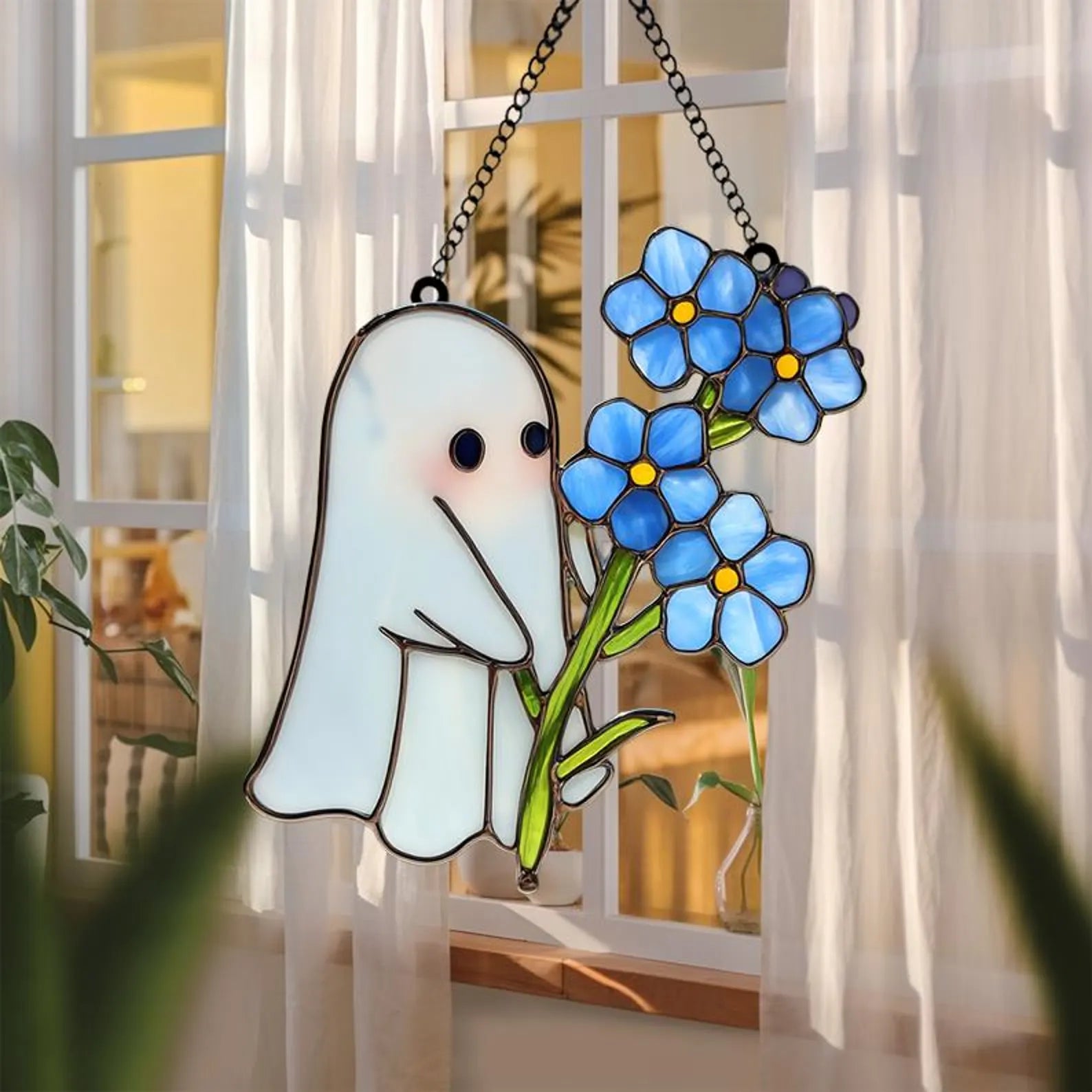 Cute Ghost Holding Blue Flowers Acrylic Suncatcher – Whimsical Window Hanging Art – Spooky Cute Decor Gift for Plant and