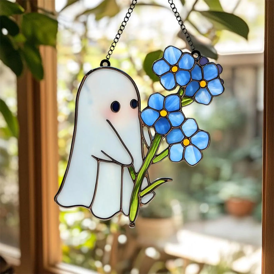 Cute Ghost Holding Blue Flowers Acrylic Suncatcher – Whimsical Window Hanging Art – Spooky Cute Decor Gift for Plant and