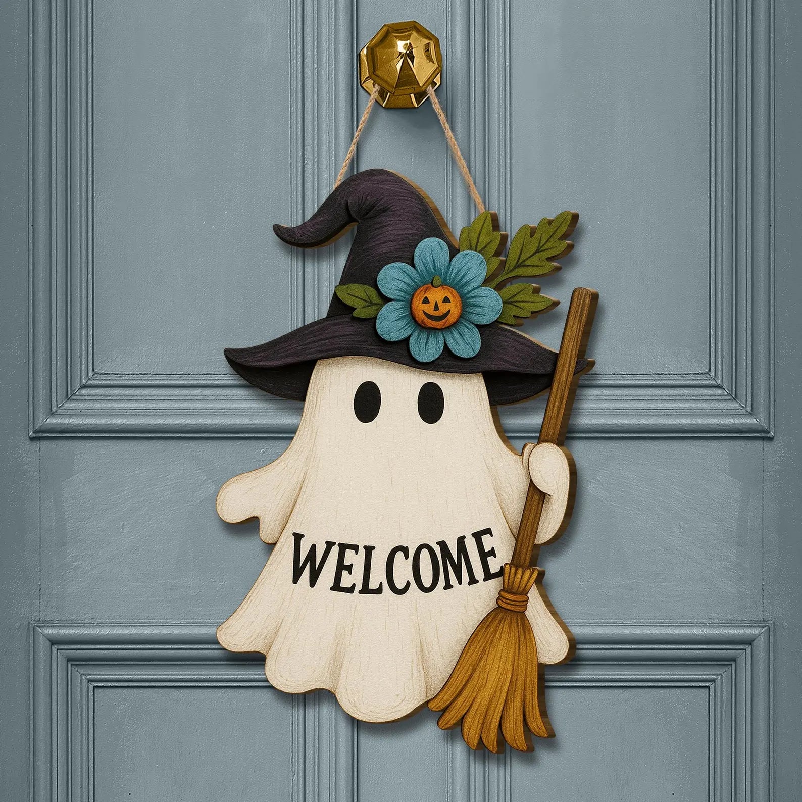 Halloween Ghost & Witch Wooden Welcome Sign – Cute Fall Door Hanger for Porch, Home & Holiday Decoratino