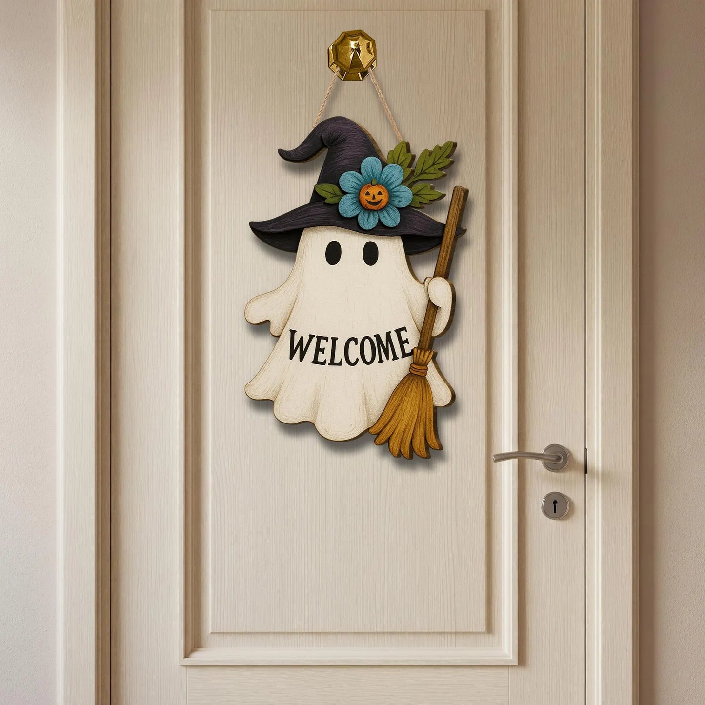 Halloween Ghost & Witch Wooden Welcome Sign – Cute Fall Door Hanger for Porch, Home & Holiday Decoratino
