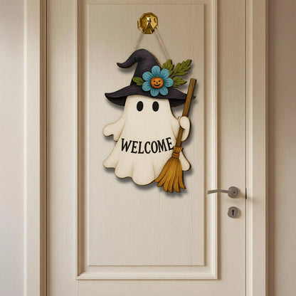Halloween Ghost & Witch Wooden Welcome Sign – Cute Fall Door Hanger for Porch, Home & Holiday Decoratino