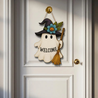 Halloween Ghost & Witch Wooden Welcome Sign – Cute Fall Door Hanger for Porch, Home & Holiday Decoratino