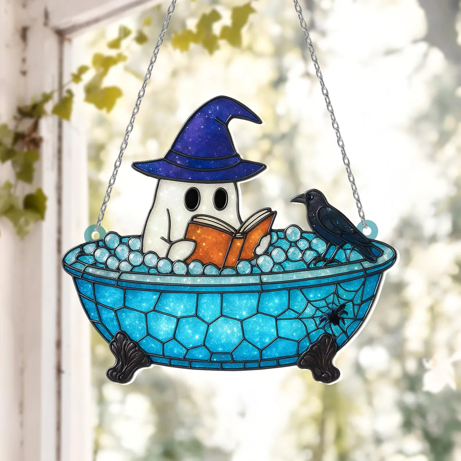 Cute Ghost Reading Book Bathroom Suncatcher, Ghost In Bathtub Acrylic Window Hanging, Spooky Season, Halloween Gift, Book