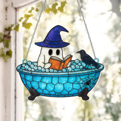 Cute Ghost Reading Book Bathroom Suncatcher, Ghost In Bathtub Acrylic Window Hanging, Spooky Season, Halloween Gift, Book