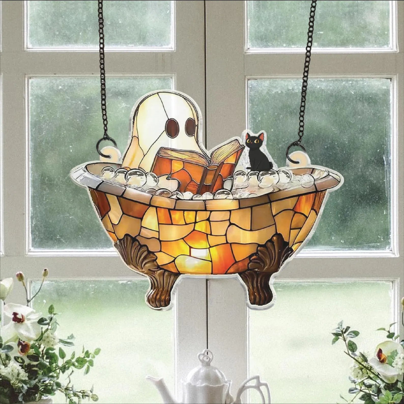 Acrylic Ghost Bathtub Suncatcher – Cute Hanging Window Decor with Cat – Spooky Bathroom Decoration – Halloween Ghost Lover