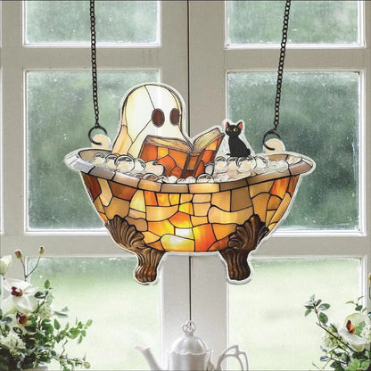 Acrylic Ghost Bathtub Suncatcher – Cute Hanging Window Decor with Cat – Spooky Bathroom Decoration – Halloween Ghost Lover