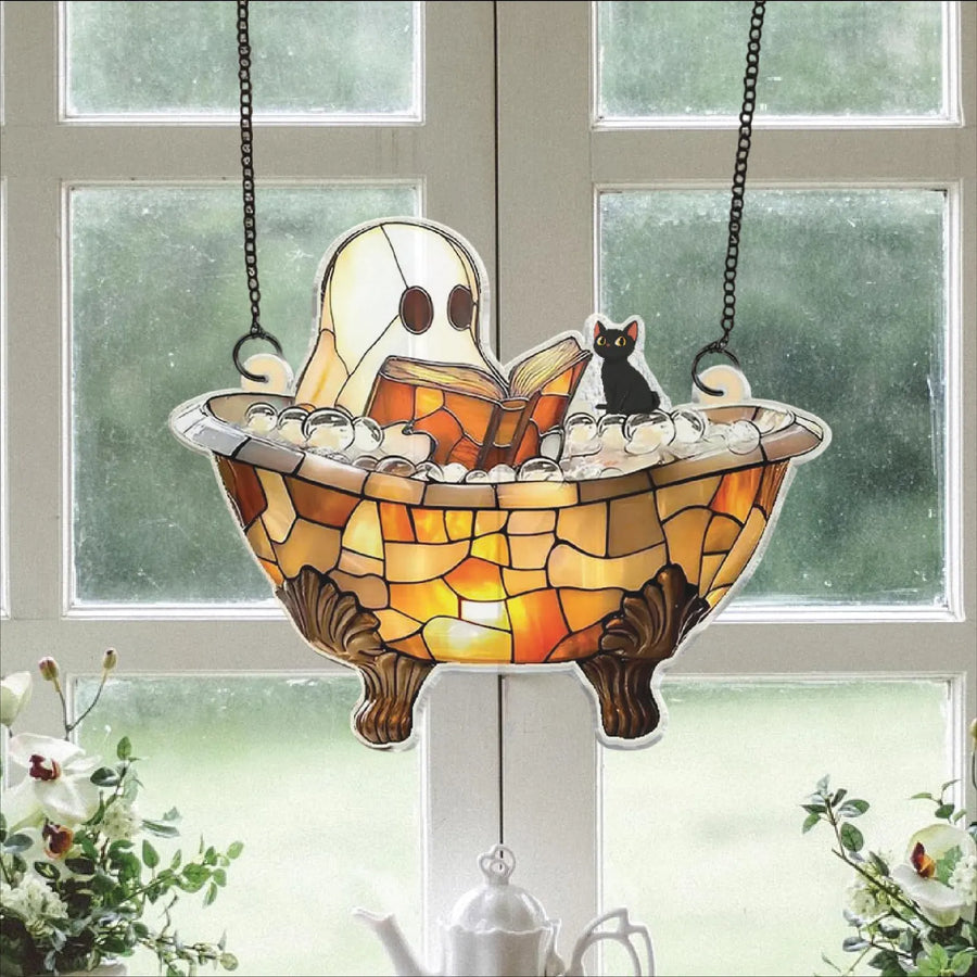 Acrylic Ghost Bathtub Suncatcher – Cute Hanging Window Decor with Cat – Spooky Bathroom Decoration – Halloween Ghost Lover